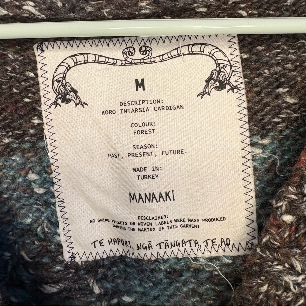 Manaaki Koro Intarsia Cardigan Forest Size M Men Wool Alpaca Silk Blend Natural - Picture 3 of 12